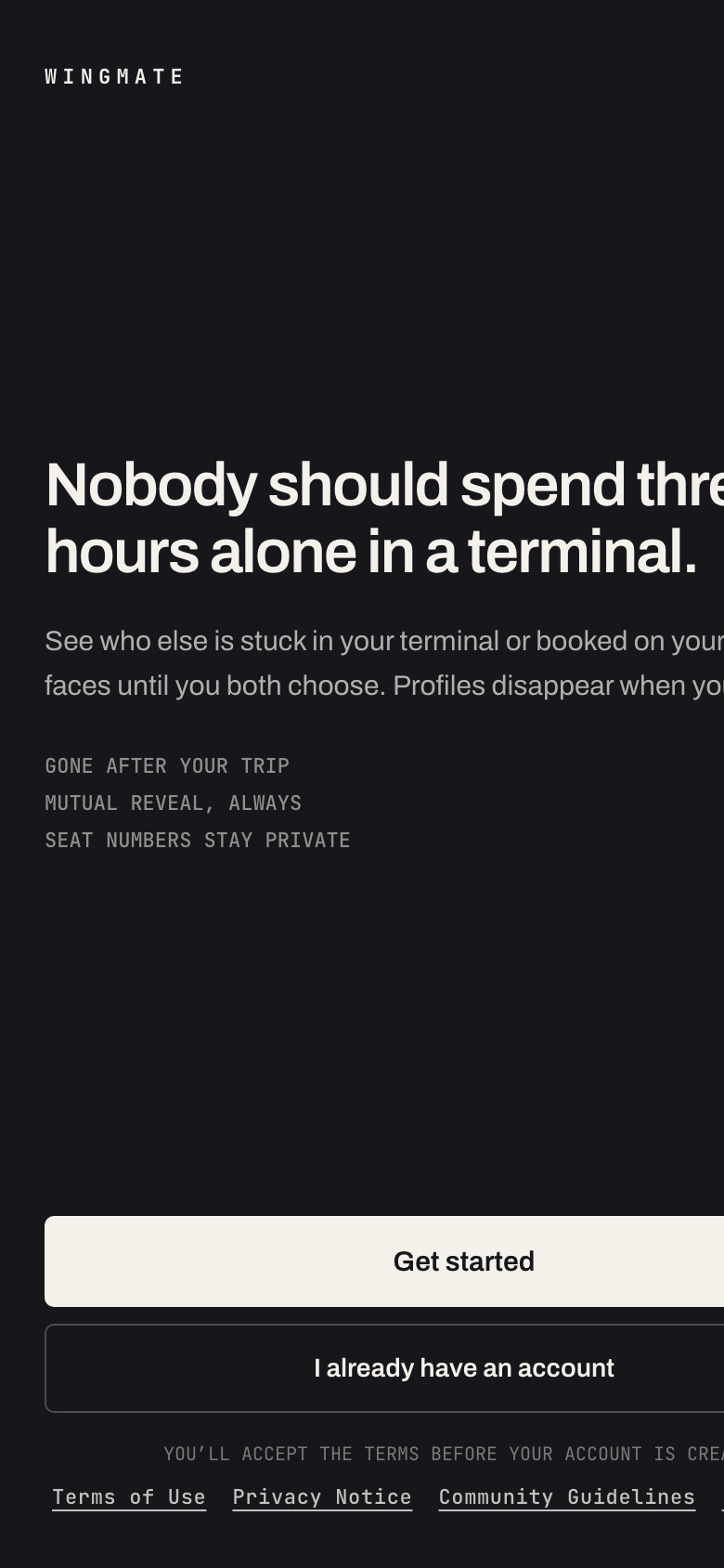Wingmate app welcome screen: Nobody should spend three hours alone in a terminal